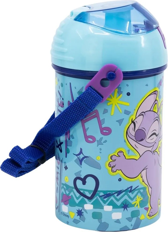 Plastová fľaša na pitie so slamkou a viečkom Stitch &amp; Angel - 450 ml