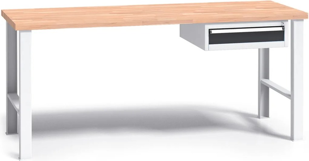 Pracovný stôl do dielne G3 so závesným boxom na náradie, buková škárovka, 1 zásuvka, pevné kovové nohy, 17000 mm, grafit