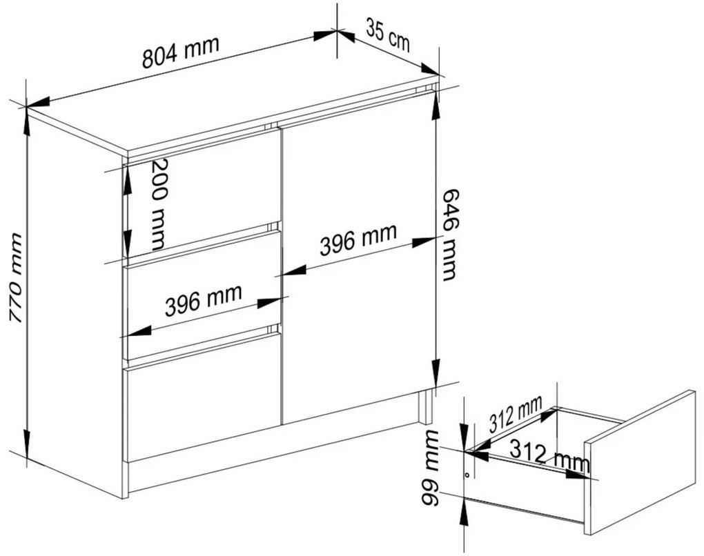 Komoda JERRY K 80 cm 1 dveře 3 zásuvky beton