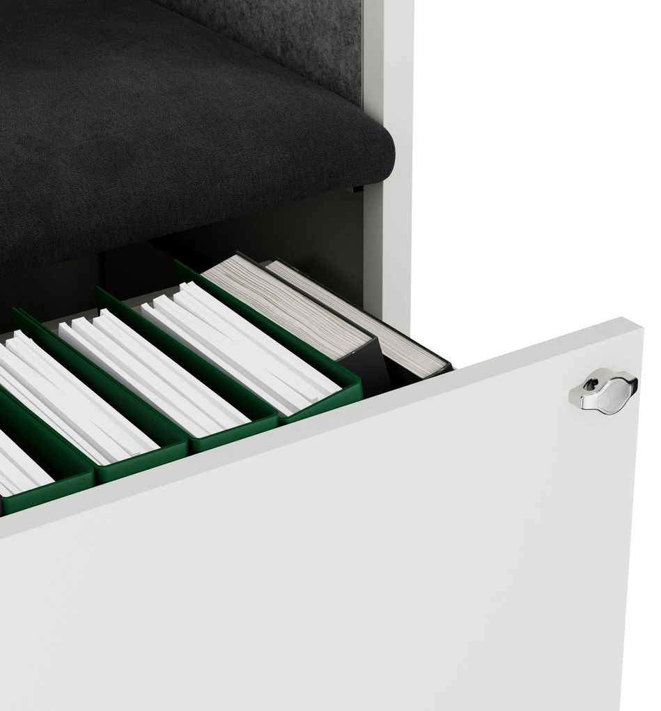 Kancelárska akustická kabína so sedadlom a portom USB-C, telo v biely / sedák tmavosivá v zelenej farbe, 1150 mm: SALLY MentalBox