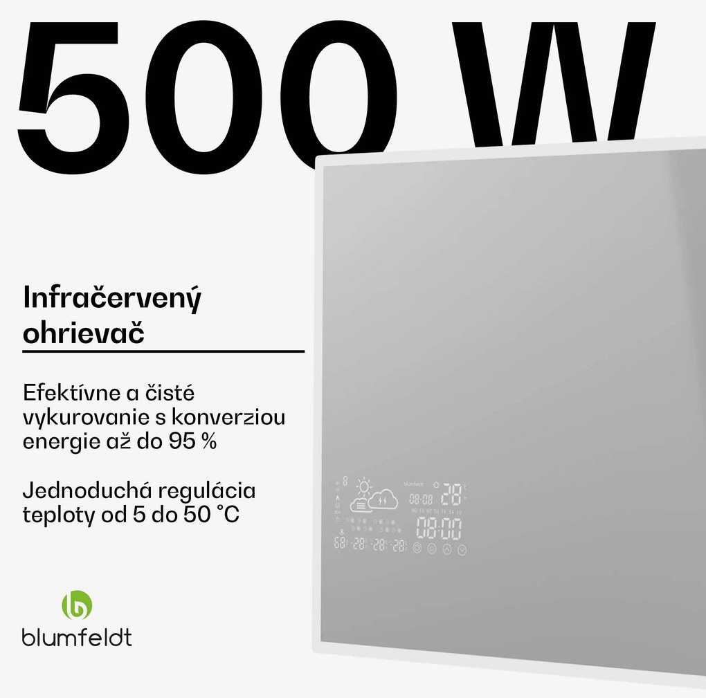 Blumfeldt Infračervený ohrievač, Smart Mirror, Infračervené žiarenie, 500 W, IP44