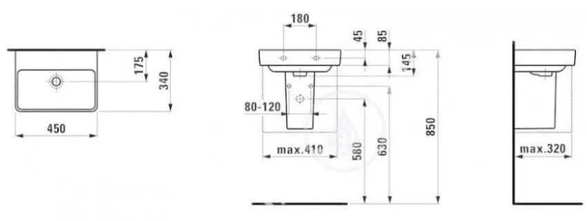 LAUFEN Pro S Umývadielko, 450 mm x 340 mm, bez otvoru na batériu, bez prepadu, biela H8159610001421