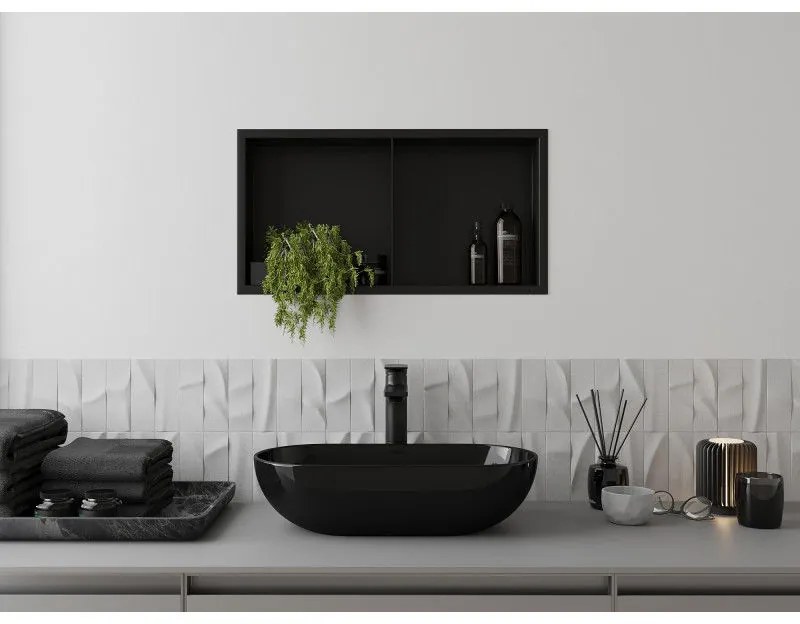 Mexen X-Wall-R, polička na zapustenie na obklad s golierom 60 x 30 cm, čierna matná, 1970603010S