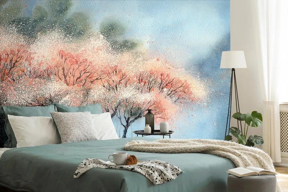 Samolepiaca tapeta akvarelové kvitnúce stromy - 225x150