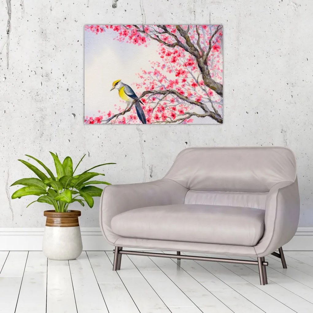 Sklenený obraz - Vtáčik na strome s červenými kvetmi (70x50 cm)