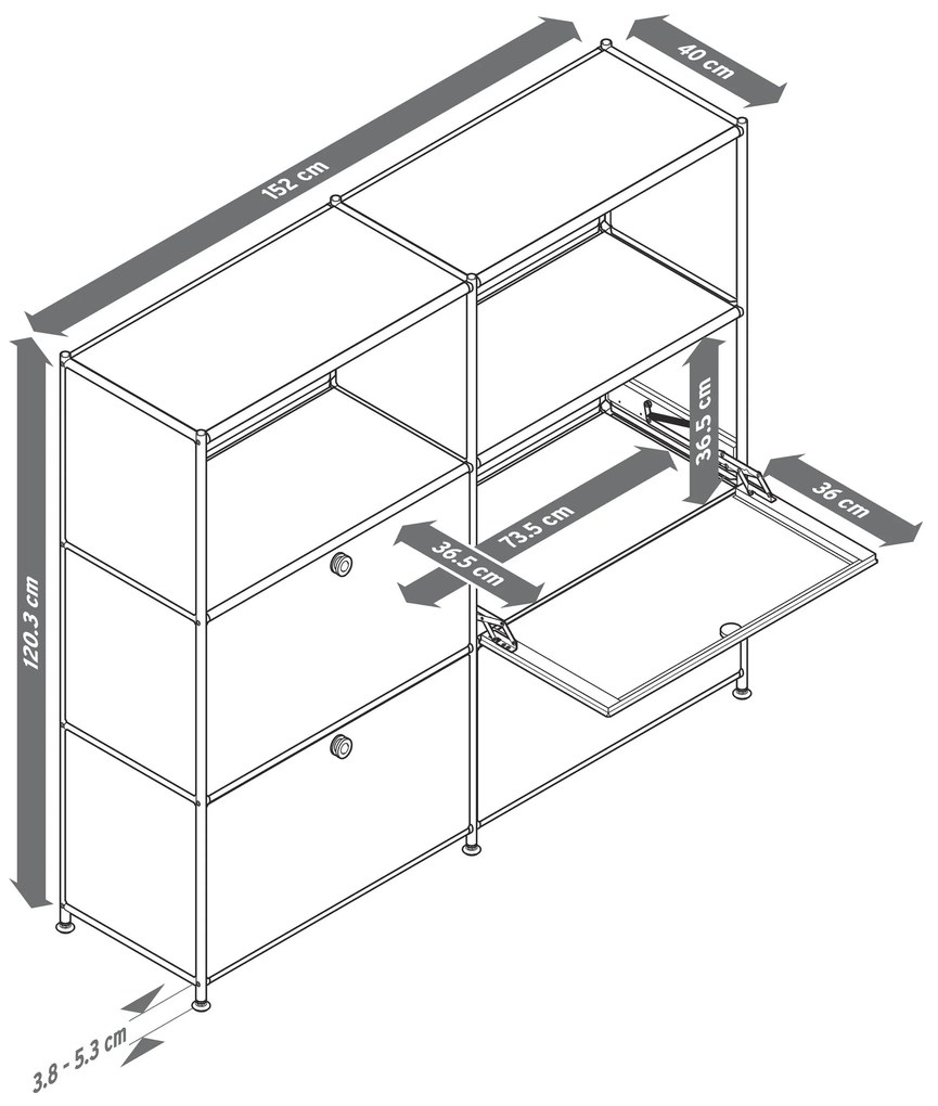 Kovová komoda »CN3« s premiestniteľnými výklopnými priečinkami, sivá