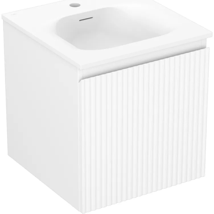 Mexen Rivel, kúpeľňová skrinka 45 cm s umývadlom Vela, 1 zásuvka, drážkovaná, biela matná, 91A20-04547-1-BF01-W23M01