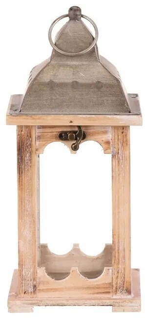 Drevený lampáš kovová strieška, v. 29 cm, prírodná