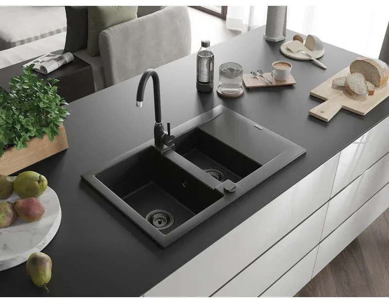 Mexen Gaspar, granitový drez 737x475x177 mm, 1,5-komorový a čierna batéria Telma, čierna-strieborná metalíza, 6507-73-670200-70-B