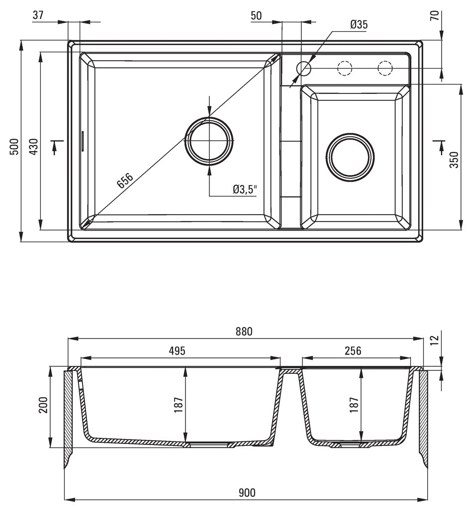 Deante Eridan, granitový drez na dosku 880x500x200 mm, 3,5" + priestorovo úsporný sifón, 2-komorový, šedá, ZQE_S20B