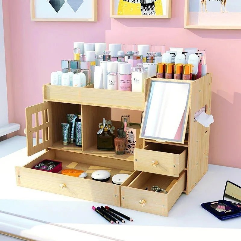 Drevený organizér na kozmetiku s dvierkami, zrkadlom a zásuvkami H01 svetlé drevo/javor