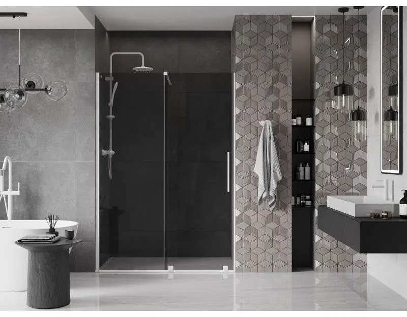 Mexen Velar, posuvné sprchové dvere do otvoru 160 cm, 8mm šedé sklo, biela matná, 871-160-000-41-20