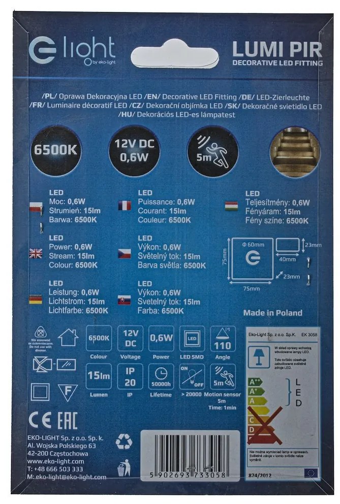 Schodiskové LED svietidlo Lumi, 1x LED 0,6w, 6500k, s, pohybový senzor