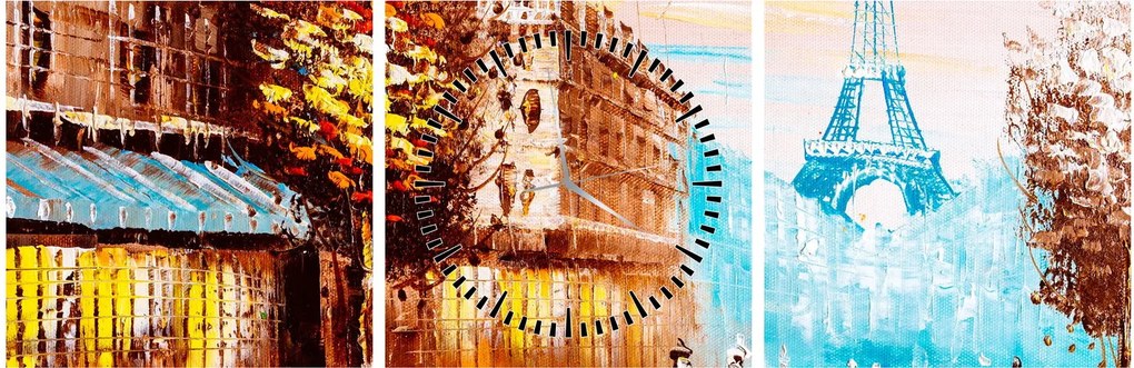 Obraz - Daždivého počasia a Eiffelovej veže (s hodinami) (90x30 cm)