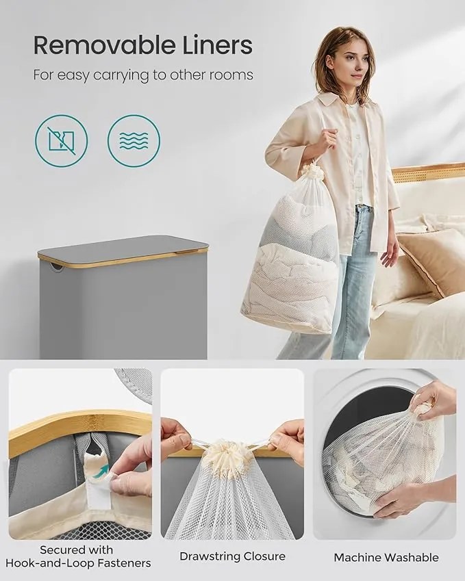 Prádlový kôš s viečkom, 3 priehradkový, 150 L, vyberateľný vak, 60 x 38,5 x 70,5 cm, šedý