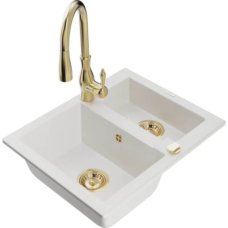 Mexen Carlos, 1,5-komorový granitový drez 582x475x177 mm a drezová batéria Savita, biela, 6518-20-672601-50