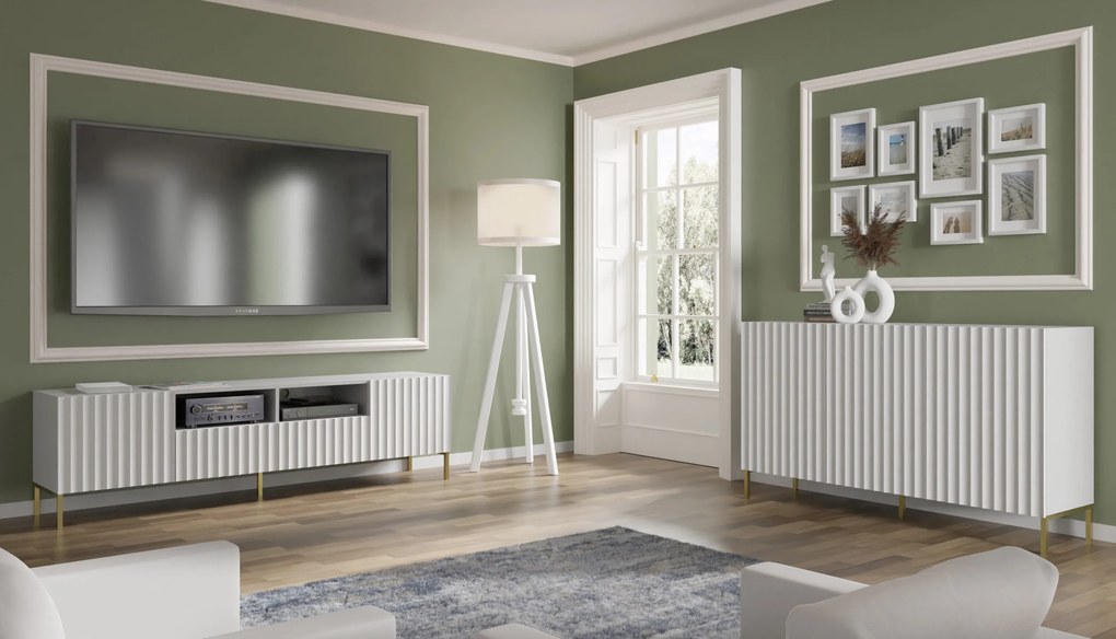 TV stolík/skrinka 150 3D Warsaw (biela + zlatá). Akcia -20%. Vlastná spoľahlivá doprava až k Vám domov. 1125152