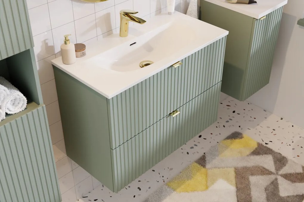 Závesná skrinka pod umývadlo Line Reed s doskou 80 cm zelená