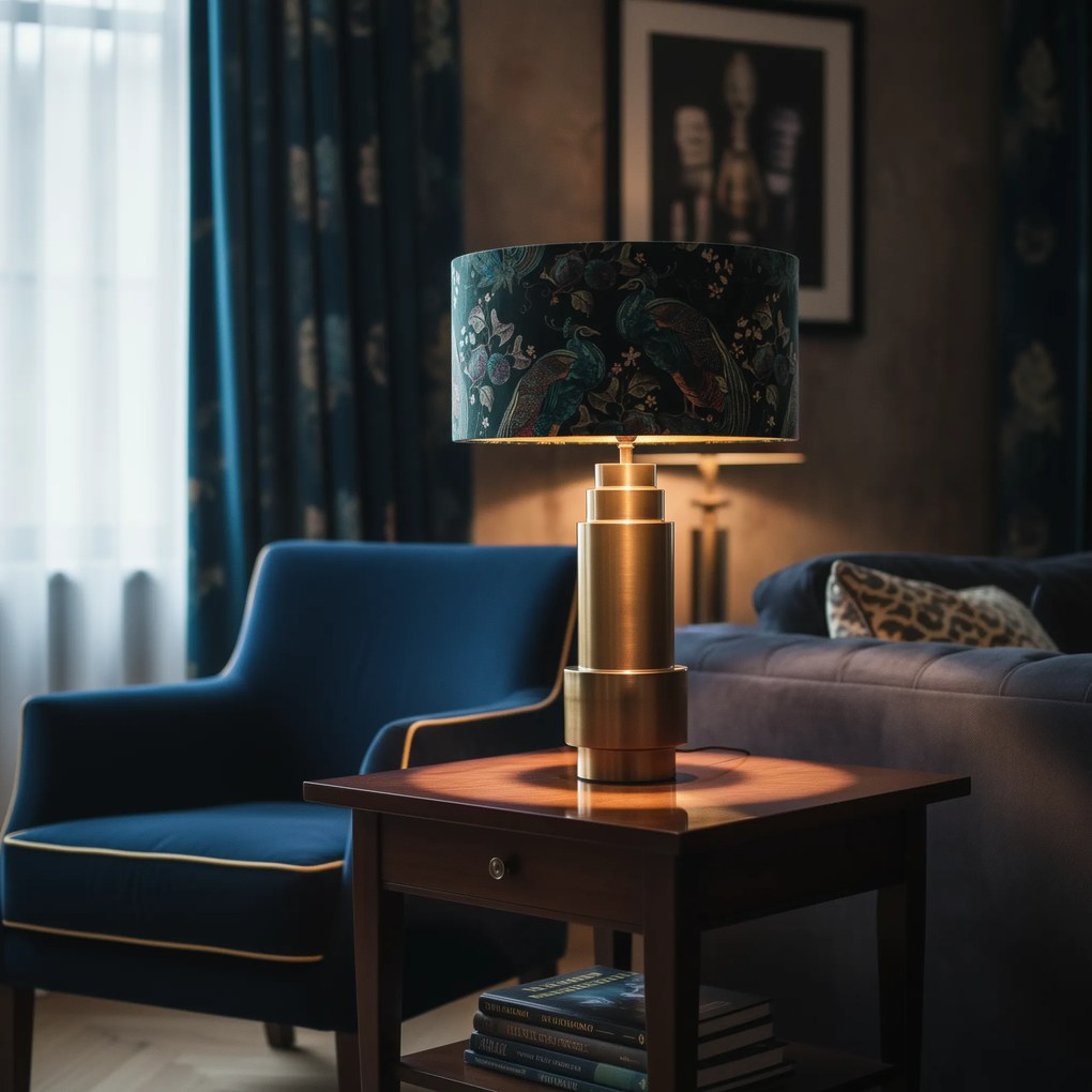 Stolná lampa bronzová s tienidlom z zamatu s farbou pavího peria so zlatom 50 cm - Bruut