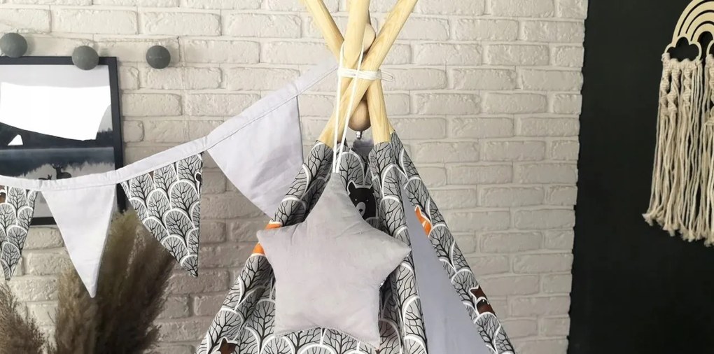 Detský stan TEEPEE (TÍPÍ) LUXURY s doplnkami - ZVIERACIA PARTIČKA - sivý