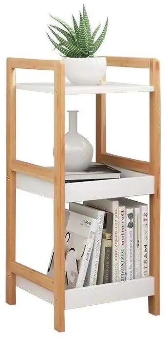ModernHome Biela knižnica s bambusovým rámom - 3 police