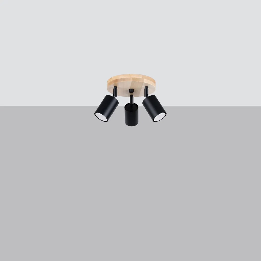 Stropné svietidlo Verdo, 3x čierne kovové tienidlo, (možnosť polohovania), drevo, o