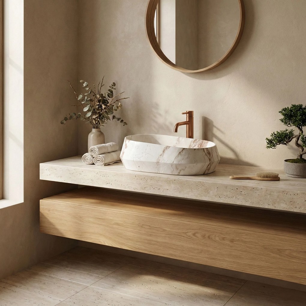 Rea Zoe Travo, umývadlo na dosku 590×380×170 mm, béžová / ecru imitácia kameňa matná, REA-U3540