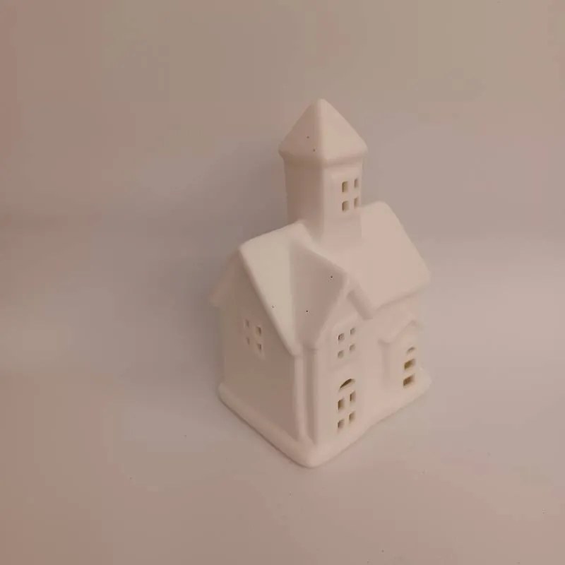 DECOLED Keramický kostelíček, 7,5 x 6 x 12 cm, teple bílá