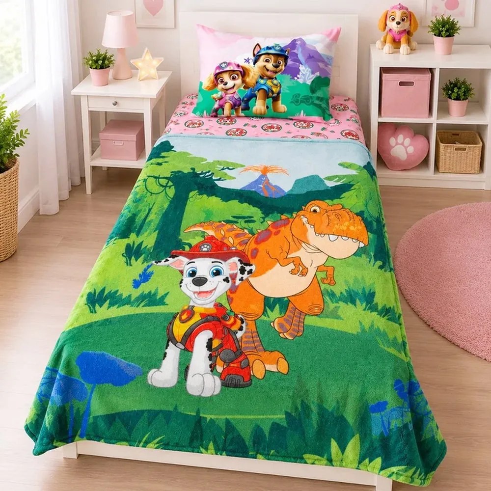Detská coral fleece deka Labková patrola – Paw Patrol - motív Marshall a dinosaurus - 130x170 cm