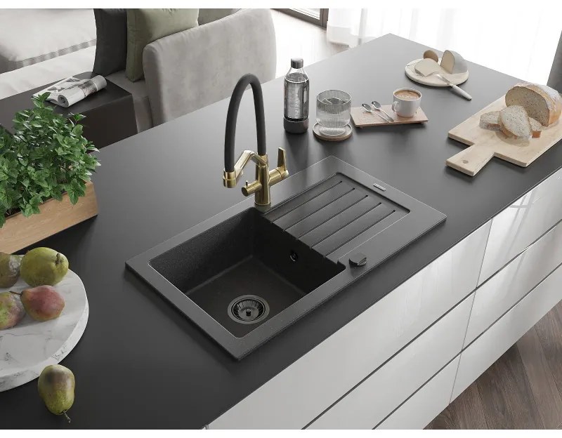 Mexen Pablo, granitový drez 752x436x161 mm, 1-komorový a drezová batéria Duo, čierna škvrnitá, 6510-76-671701-57-B