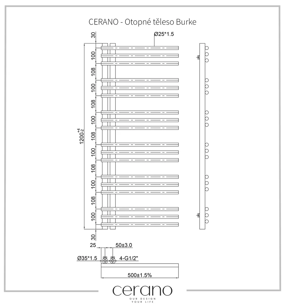 Cerano Burke, vykurovacie teleso 1200x500 mm, 562W, pripojenie D5, čierna matná, CER-CER-429634