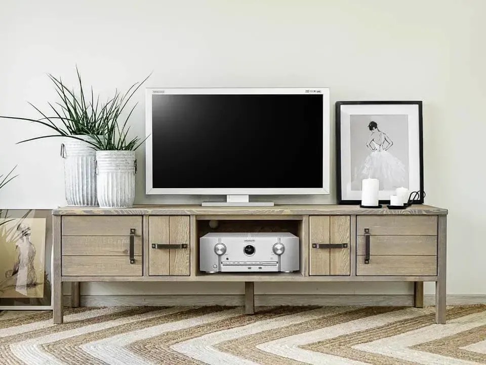 Široká rustikálna drevená skrinka pod TV s 2 zásuvkami a dvierkami 180x47x53 cm