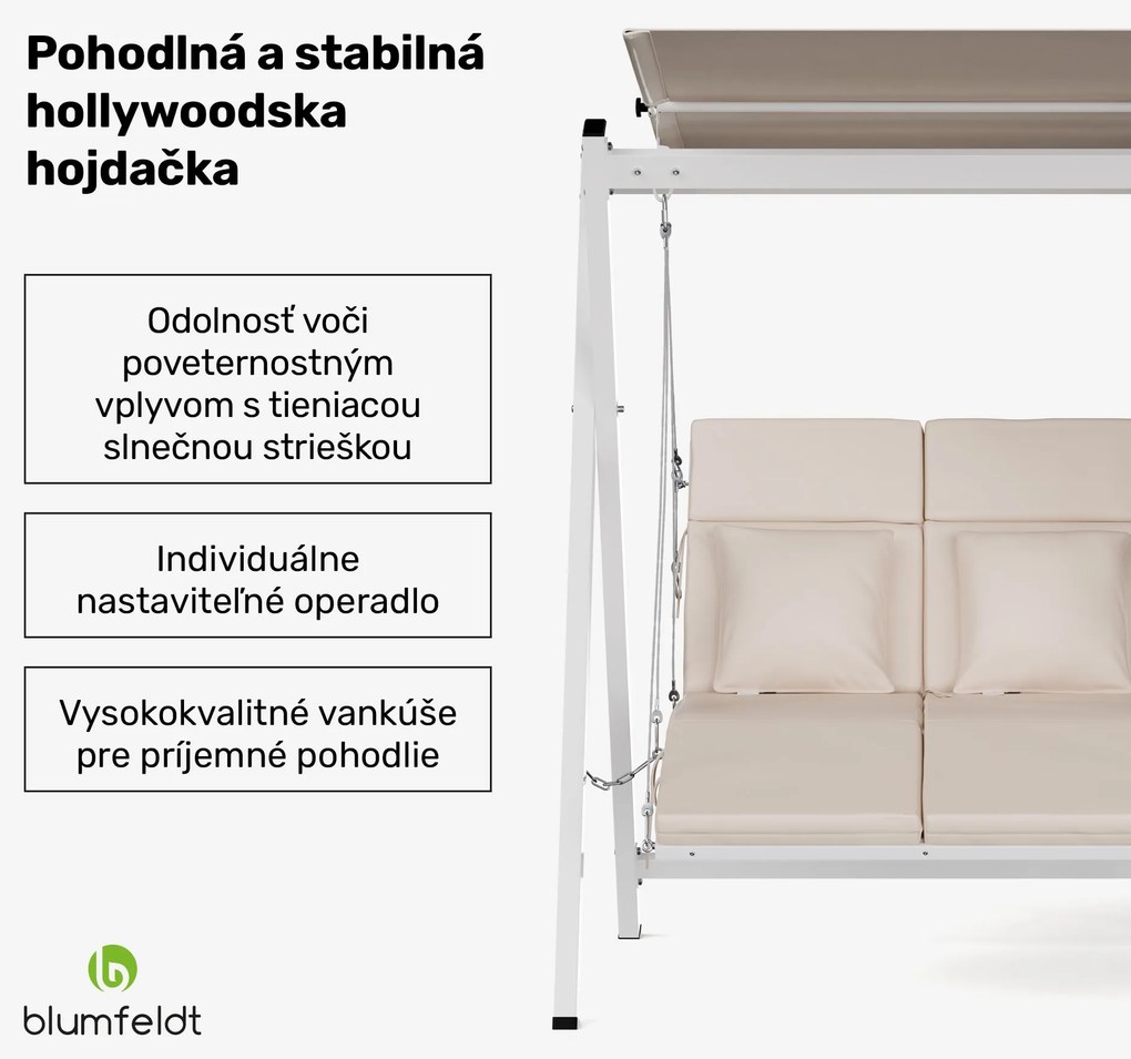 Blumfeldt FlexiSwing hollywoodska hojdačka 2-miestna Nastaviteľné operadlo + slnečná strieška, odolná voči poveternostným vplyvom