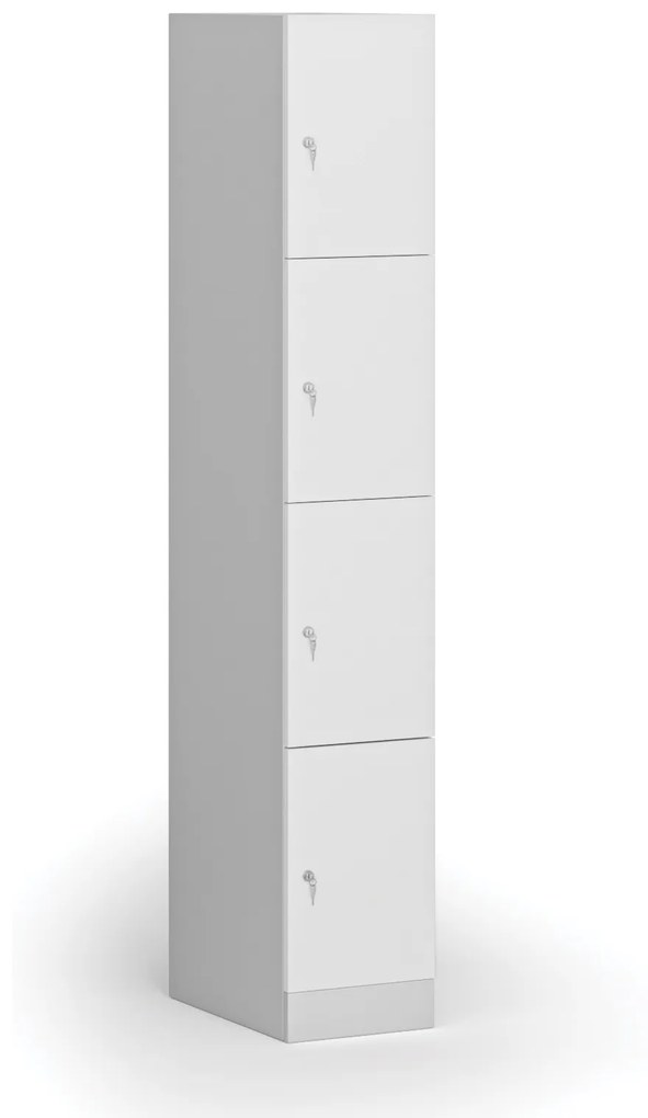 Šatníková skrinka s úložnými boxmi, 4 boxy, 1850 x 300 x 500 mm, cylindrický zámok, laminované dvere, biela