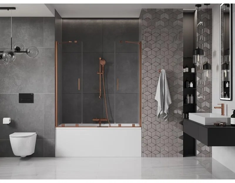 Mexen Velar Duo, 2-krídlová posuvná vaňová zástena 160 x 150 cm, 8mm číre sklo, ružové zlato profil, 896-160-000-02-60