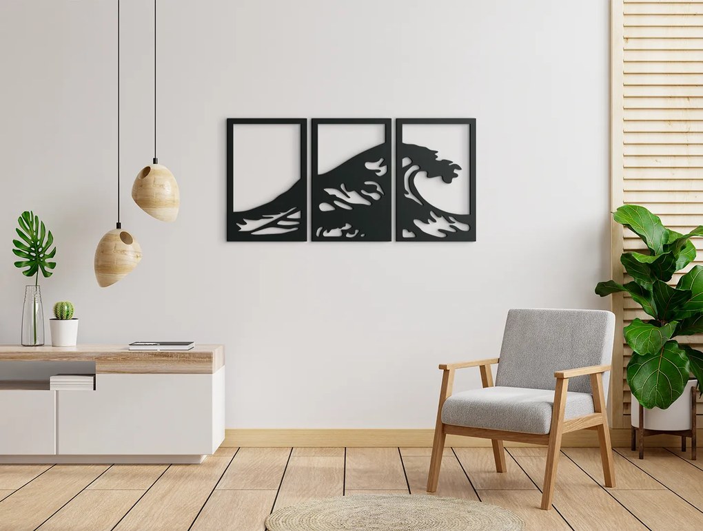 drevko 3-dielny obraz Vlny Rozmer obrazu: 32 x 65 cm, Farba dekorácie: Čierna