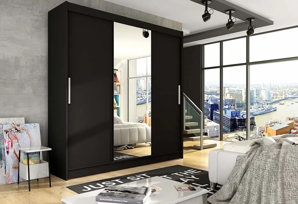 Posuvná šatníková skriňa LUKAS so zrkadlom, 250x215x58, čierna mat