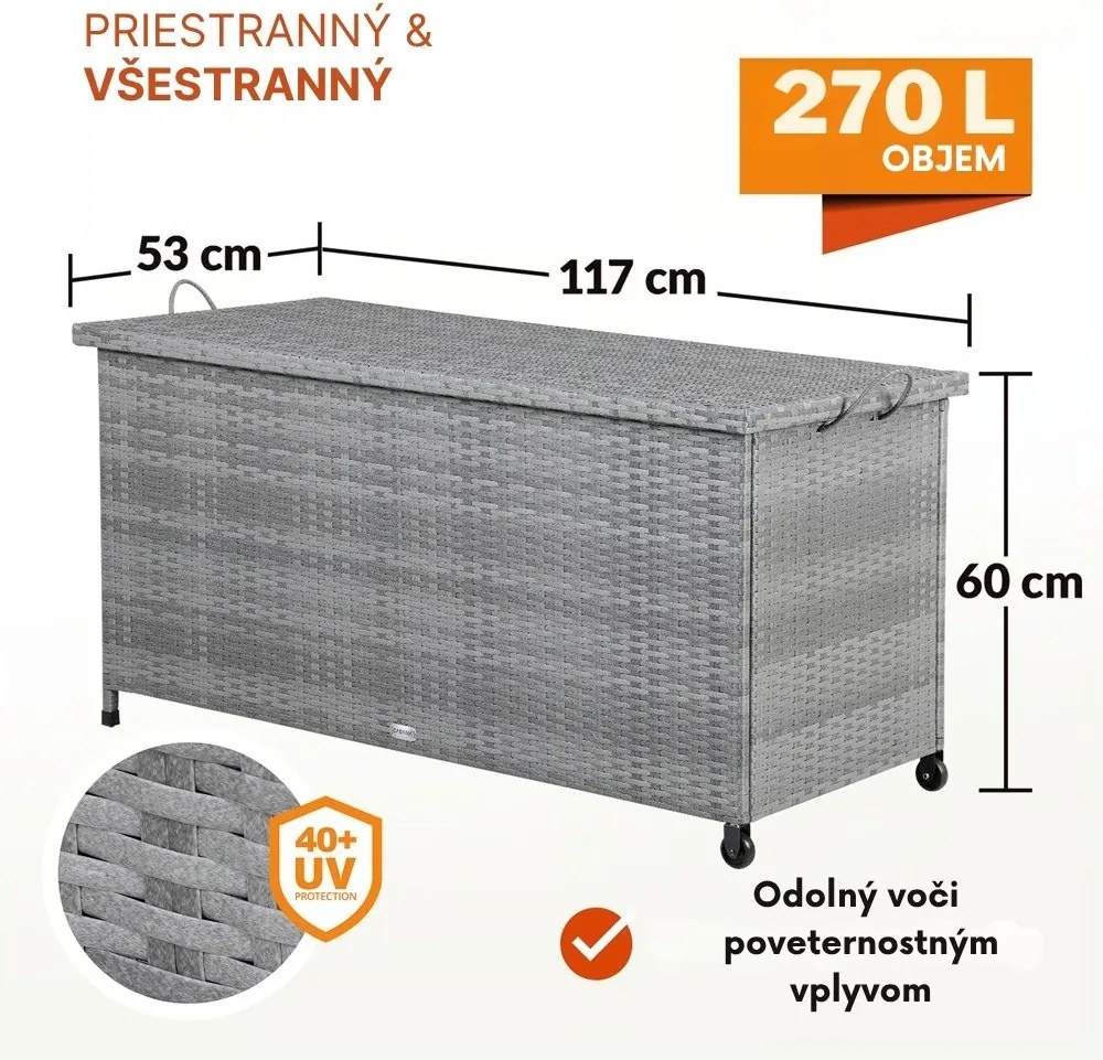 Polyratanový úložný box RICCO, 270L, 117x53x60cm, šedá Casaria