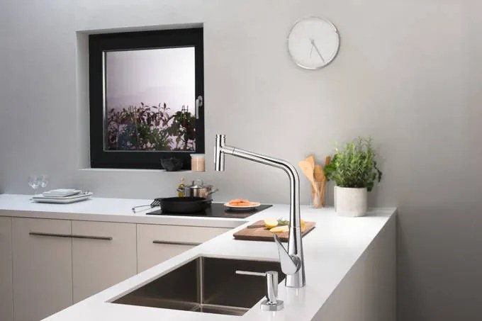 Hansgrohe Metris Select M71, kuchynská páková batéria 320, vyťahovateľná sprška, 2jet, sBox, chrómová, HAN-73816000