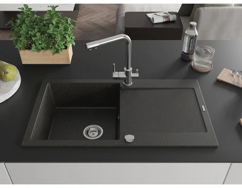 Mexen Leo, drez granitový 900x500x190 mm, 1-komorový a chrómová batéria Duero, čierna-zlatá metalíza, 6501-75-671600-00