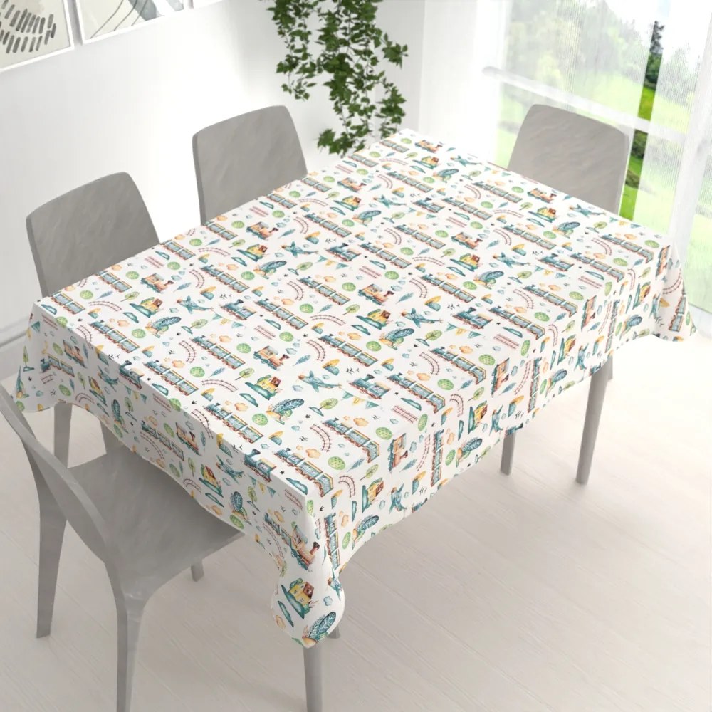 Biante Detský bavlnený obdĺžnikový obrus Sandra SA-659 Modré vláčiky s lietadielkami na bielom 140x200 cm