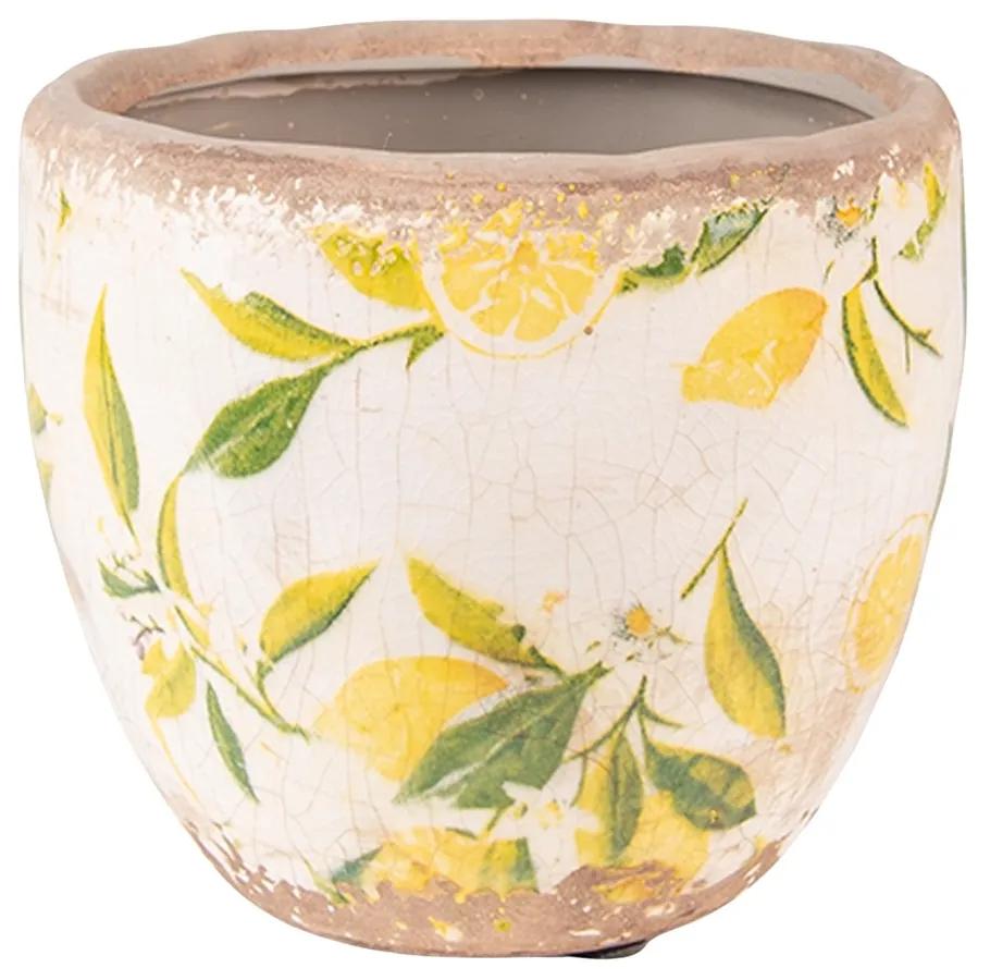 Béžový keramický obal na kvetináč s citrónmi Lemonio XS - Ø12*11 cm