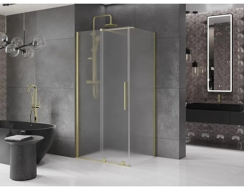 Mexen Velar, sprchový kút s posuvnými dverami 140 x 90 cm, 8mm sklo námraza, zlatá matná, 871-140-090-31-55