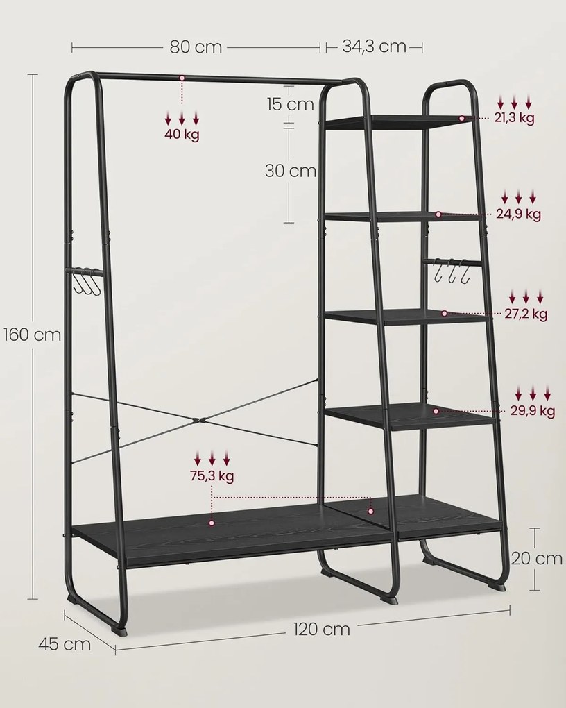 Vešiak na šaty 45 × 120 × 160 cm, vešiak a vešiak na topánky v jednom, ebenová čierna / matná čierna