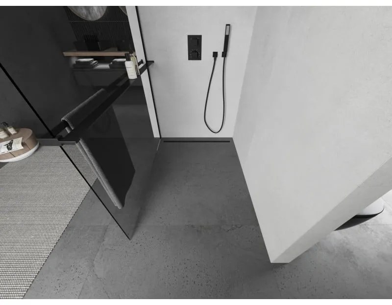 Mexen Kioto+, sprchová zástena s poličkou a držiakom na uteráky 110 x 200 cm, 8mm číre sklo, čierny profil, 800-110-121-70-00