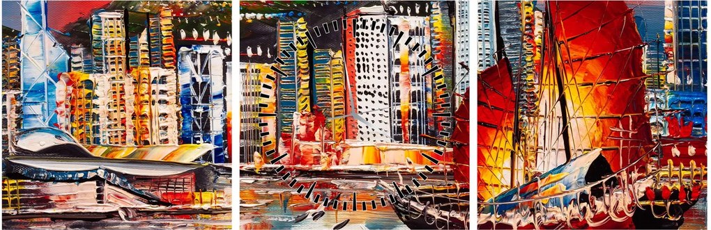 Obrázok - Victoria Harbor, Hong Kong, olejomaľba (s hodinami) (90x30 cm)