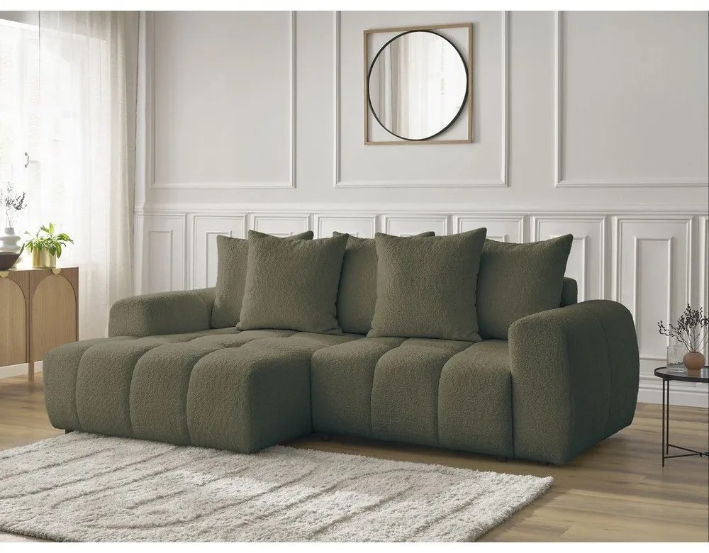 Kaki rozkladacia/s úložným priestorom rohová pohovka z textílie buklé (ľavý roh/s leňoškou) Roxelane – Bobochic Paris