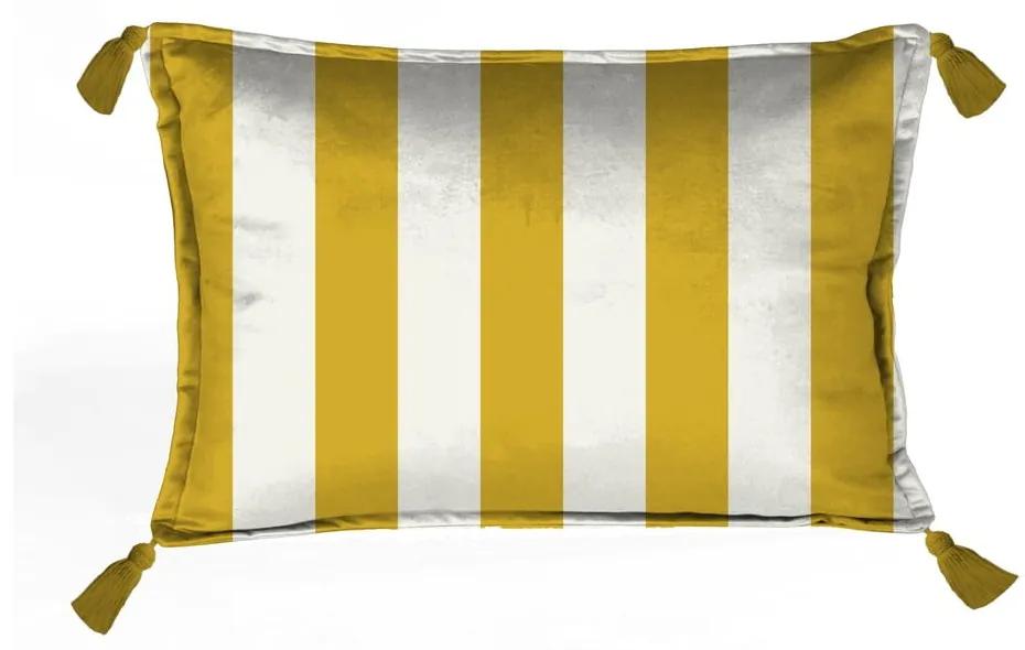 Biely zamatový vankúš s pruhmi v zlatej farbe Velvet Atelier Borlas, 50 x 35 cm