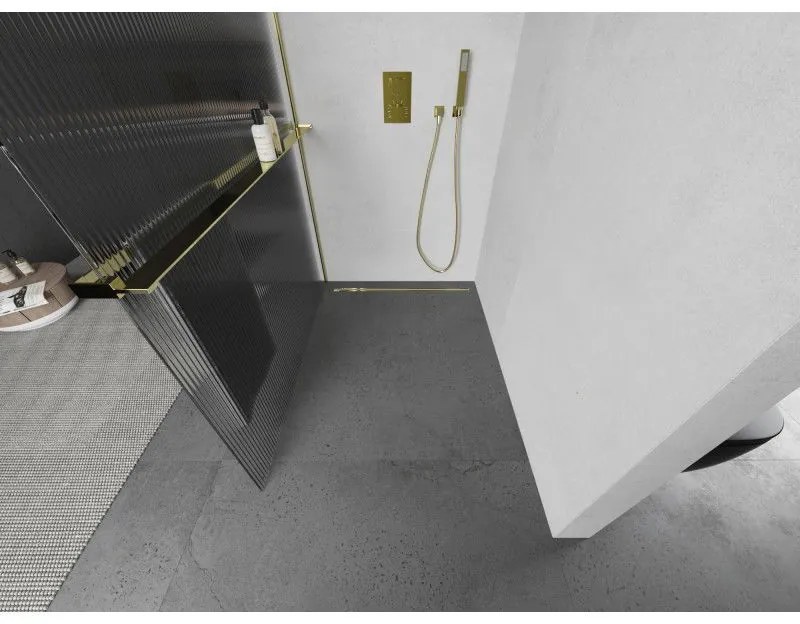 Mexen Kioto+ L, sprchová zástena Walk-In s poličkou a vešiakom 90 x 200 cm, 8mm sklo s rebrovým vzorom, zlatý lesklý profil,800-090-123-50-09