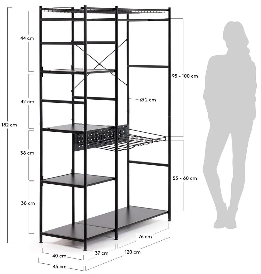 Čierny šatník Kave Home Storn, výška 182 cm